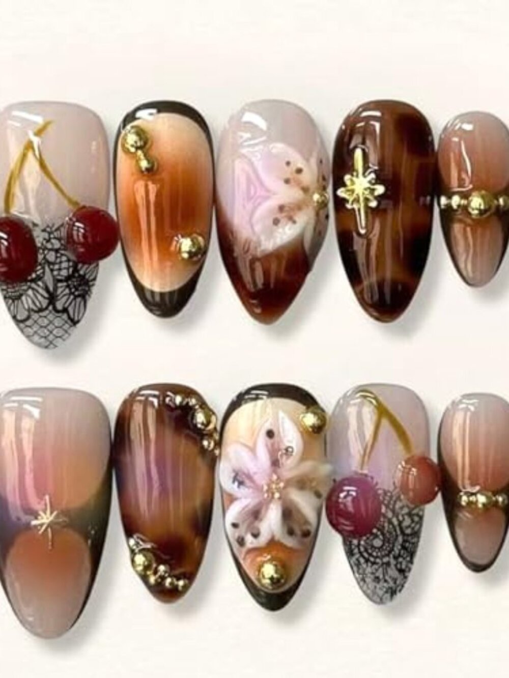 New - 24Pcs Brown Leopard Press on Nails Medium Almond Fake Nails with 3D‎ Gold